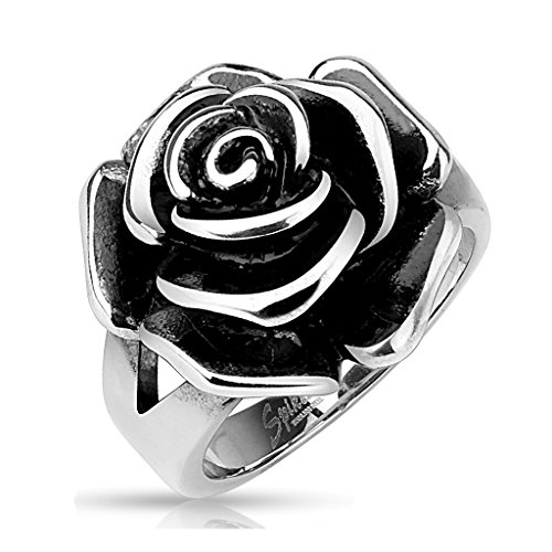 BlackAmazement Bague en acier inoxydable 316L avec rose et fleur - Style gothique massif - Pour femme, Acier inoxydable, Aucune pierre précieuse