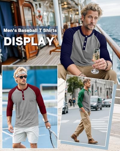 3 Pack Men's 3/4 Sleeve Baseball Raglan T-Shirts S-3XL, Henley Tops Sport Athletic Jersey Tee Cotton Shirts2
