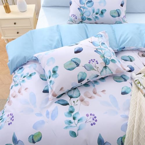 Image of MUXHOMO Bed in a Bag Queen 7 Pieces, Queen Comforter Set Reversible Blue Botanical Flowers Design, Ultra Soft & Breathable Bedding Sets with Comforter, Sheets, Pillowcases & Shams