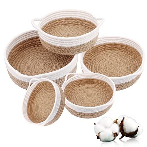 Juego de 5 Cestas Almacenaje Tejida con Cuerda de Algodón, Cestas Baño Almacenaje, Cesta Bebe Organizadoras con Mango, Cajas Organizadoras Baño Decorativas para Salones, Juguetes, Cambiador