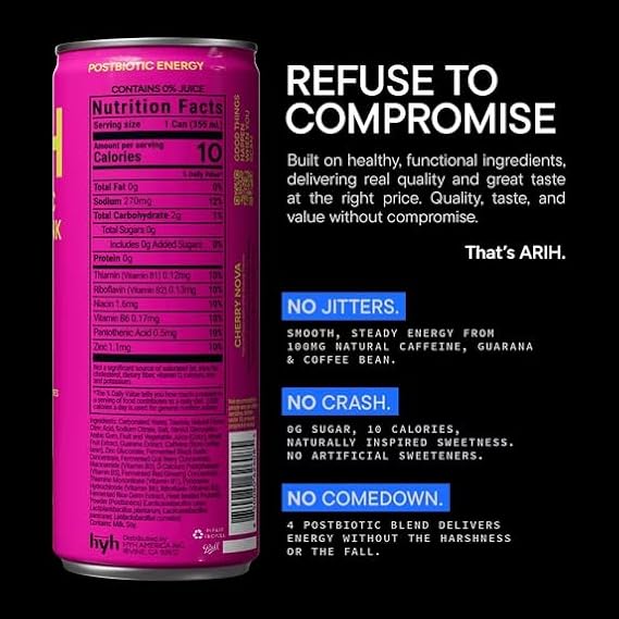 ARIH Cherry Nova Energy Drink - Zero Sugar Energy Drink - 12 fl oz (12 cans)