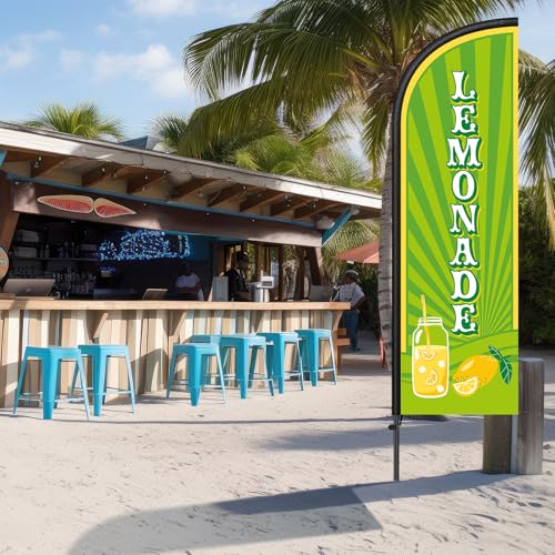 Image of Remagr 2 Pack Lemonade Feather Flag 7 ft Advertising Swooper Flag Sign Windless Lemonade Banner with Pole Kit and Ground Stake for Businesses Restaurants Outside Ground(Green Yellow)