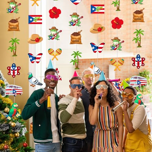 Image of Spakon 8 Pcs Puerto Rico Garlands Puerto Rican Party Hanging Decorations Hibiscus Garlands Banners Frog Paper Cutouts for Birthday Festivals Party Ceiling Wall Decor