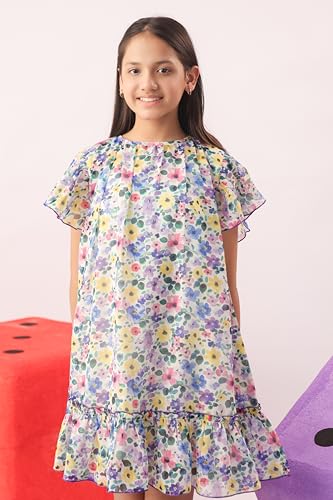 Image of Kids Girls Printed Embroidered Fusion Dress | Handmade Crafted Designer Ethnic Wear | 100% Cotton