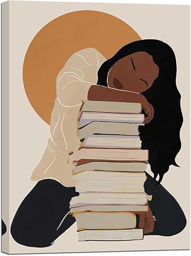 Arte de pared bohemio afroamericano, arte de mujeres negras enmarcado, arte de amante de los libros, impresión en lienzo de niña negra, arte de