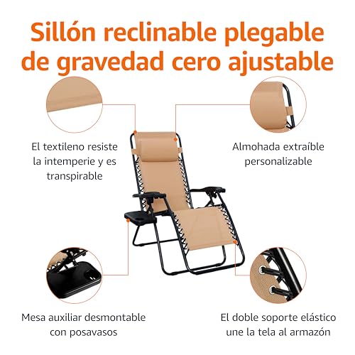 Miniatura 5 de Amazon Basics Sillas Con Gravedad Cero Y Mesa Auxiliar, Para Oficina, Plegable, Soporte De Cabeza, Reclinable, Acero Aleado, Paquete De 2, Beige