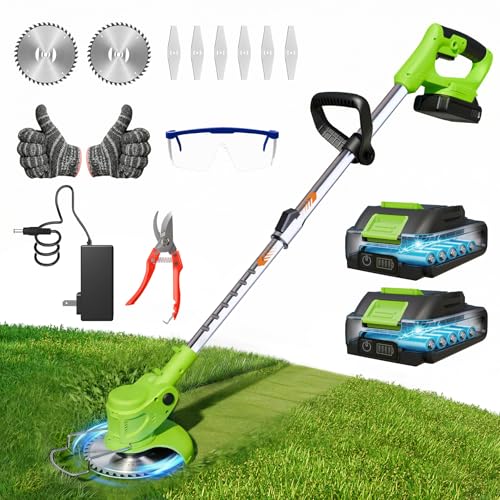 21V Lightweight Electric Weed Eater: All-in-One Cordless String Trimmer Brush Cutter with 2Pack 2.0ah Battery Powered Weed Wacker Set for Small Garden and Yard Lawn Edger Branches Tool for Homeowners