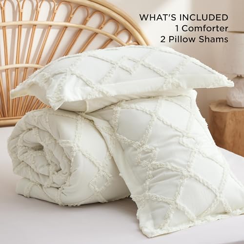 Bedsure Boho Comforter Set Queen - Ivory Tufted Queen Size Comforter, 3 Pieces Farmhouse Shabby Chic Embroidery Bed Set, Soft Fluffy Geometric Pattern Bedding for All Seasons