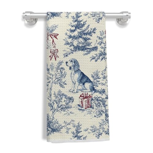 Image of Christmas Chinoiserie Dog Kitchen Towels, Vintage Beagle Dish Tea Towels for Kitchen, Blue French Holiday Decorative Hand Towel for Bathroom, 16x24 Inch