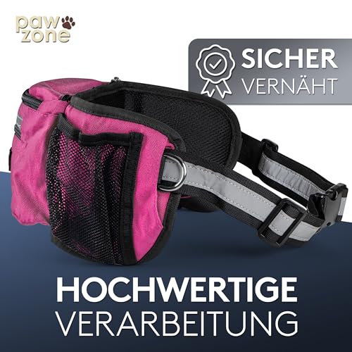 PAWZONE Futterbeutel Hunde - Leckerlibeutel für Hunde - Bauchtasche für Hunde Zubehör - Leckerlitasche für Hunde - Inkl. Reflektorband & Zusatzgurt für Flexileine (Pink)
