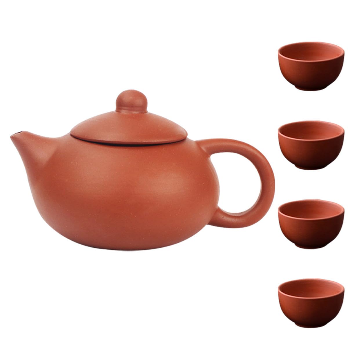 Handmade Antique Purple Clay Teapot and 4 Cups Set with Ceramic Filter, Chinese Kungfu Teaware for Pu’er Tea Brewing, Home and Office Tea Kettle Kit, Pure Red