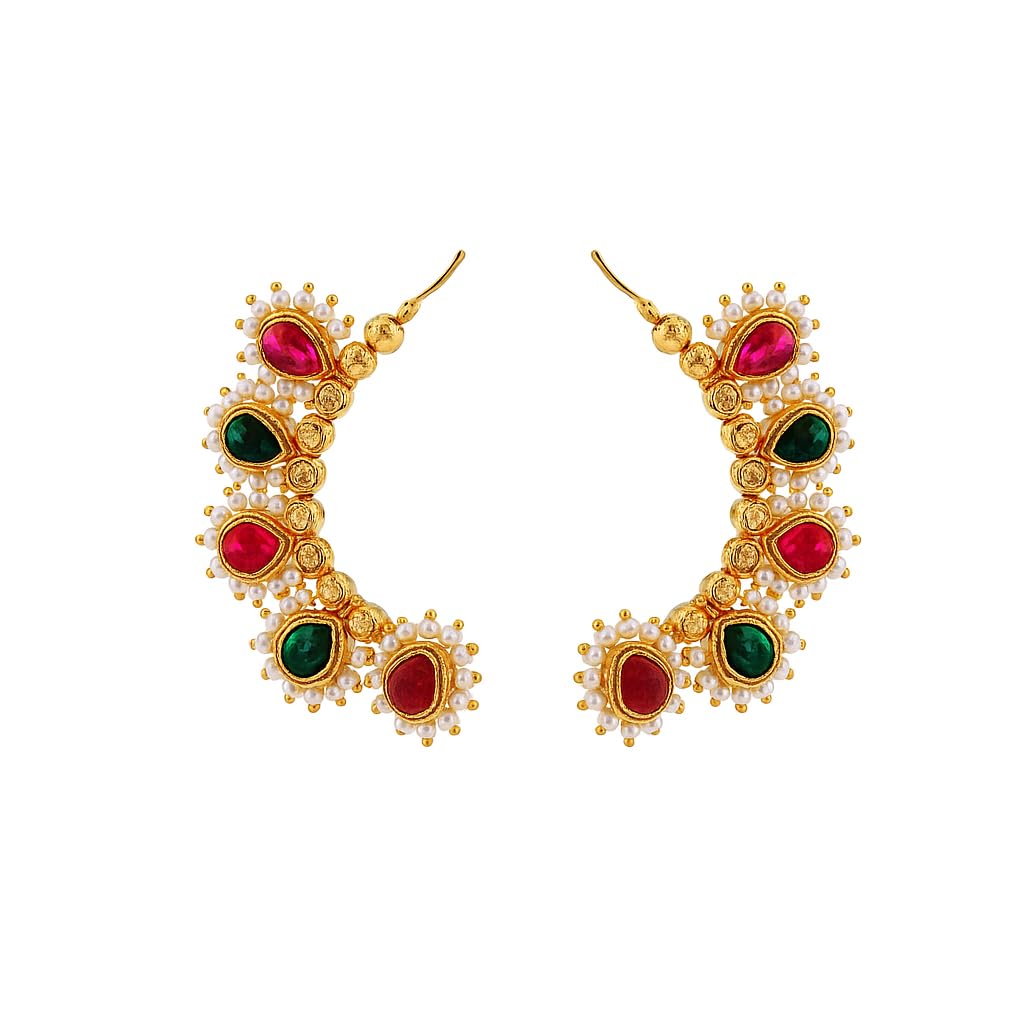 Art Jewellery’s delectating studded oval shape red and green stone with striking bead pearl Ganpati kaan jewellery