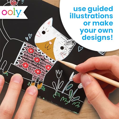 ooly mini scratch amp scribble art kit - 6 card rainbow scratch art set gifts for kids travel-friendly craft kit wooden tool included - cutie cats
