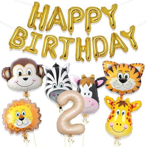 Image of Rozi Decoration Jungle Theme 2nd Birthday Foil Balloons Kit - 20 Pcs Animal & Number Balloons for Boys Girls Second Birthday Party Decorations