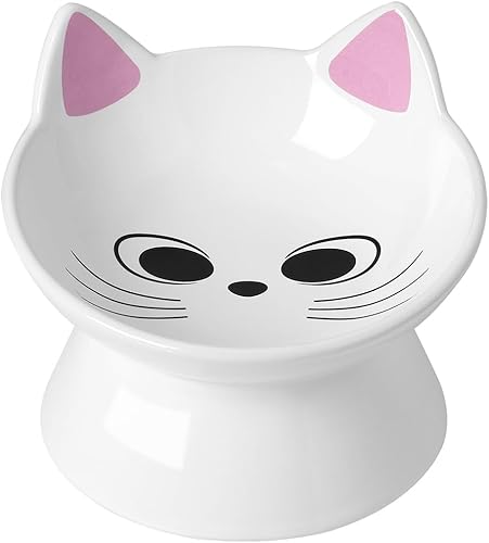 Miniatura 9 de Cuenco de comida para gatos, cuenco elevado de cerámica de 5 onzas, comedero elevado para mascotas inclinado en 15°, platos antivómitos y bigotes