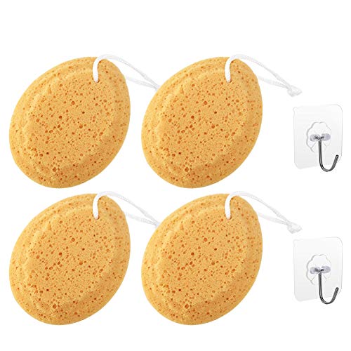 Bath Sponge,4 Pieces Natural Sea Sponge Durable Shower Spong with 2 Pieces Hooks