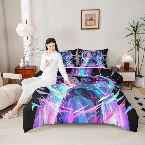 Image of Erosebridal 3D Anime Girl Bedding Comforter Sets American Street Culture Comforter Set Full for Teens Youth Girls Watercolor Graffiti Style Bedding Galaxy Stars Print Duvet Set with 2 Pillow Cases