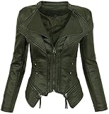Damen Kunstleder Jacke Übergangs Jacke Leder Optik Bikerjacke D-166, Grün, L