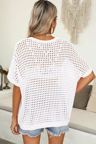 Image of Dokotoo Womens Summer V Neck Short Sleeve Button Down Sweater Casual Crochet Hollow Out Knit Tops Beach Coverup