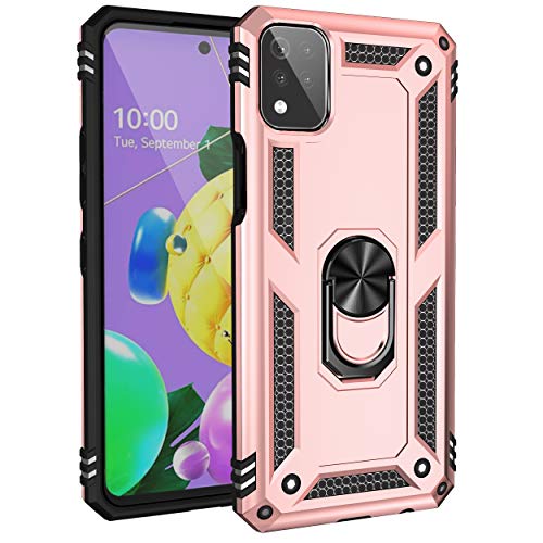 BestST Funda para LG K53/LG K52 + HD Protectores de Pantalla,con Anillo Soporte Rugged TPU y PC Cubierta de Doble Capa Hybrid Carcasa y 360 °Rotación Kickstand 2 en 1 Case. RoseOro