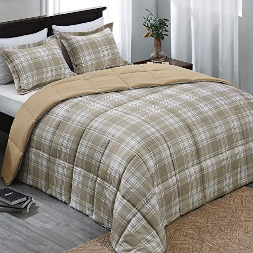 Basic Beyond Queen Comforter Set - Khaki Buffalo Plaid Comforter Set Queen Down Alternative Bed Comforter Queen Set For All Season(1 Comforter With 2 Pillow Shams, 88" X 92") #TOP9