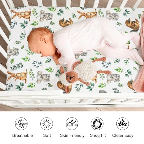 Image of Baby Australian Animals Crib Sheets for Girl Boy 52 inchx28 inch Koala Kangaroo Green Leaves Crib Mattress Covers Soft Breathable Fitted Nursery Baby Bed Sheets Fits Standard Crib and Toddler Mattress