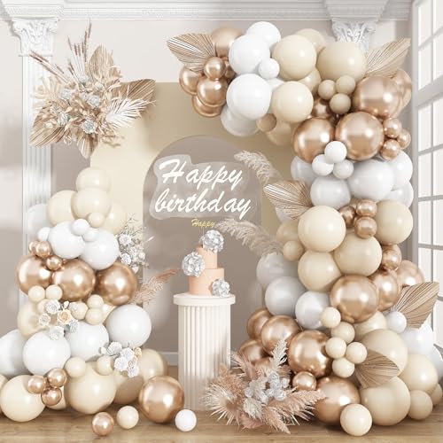 Image of Neutral Balloon Arch Kit 142Pcs Cream White Champagne Gold Balloons Garland Kit Boho Beige Sand White Gold Nude Birthday Party Balloons for Women Baby Bridal Shower Wedding Anniversary Decorations