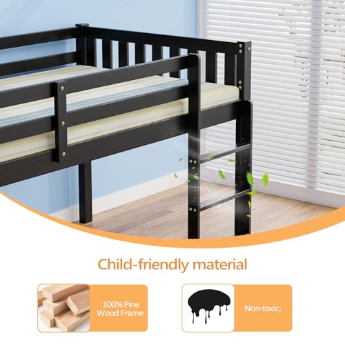JOYMOR Twin Loft Bed Low Loft Bed Frame for Little Kids Small Room/Low Ceiling Bedrrom with Guardrail and Ladder (Black)
