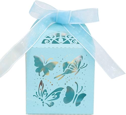 Katutude Paquete de 50 cajas de regalo de mariposa, cajas de regalo de dulces con cintas, cajas de dulces para fiesta de boda, fiesta de cumpleaños,