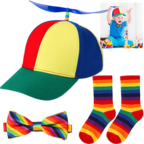 Jeyiour 3 Pcs Child Propeller Hat Helicopter Top Hat Rainbow Striped Socks Adjustable Rainbow Bow Tie Rainbow Costume Set For Toddler Kids Little Boys Girls Baby Costumes cover