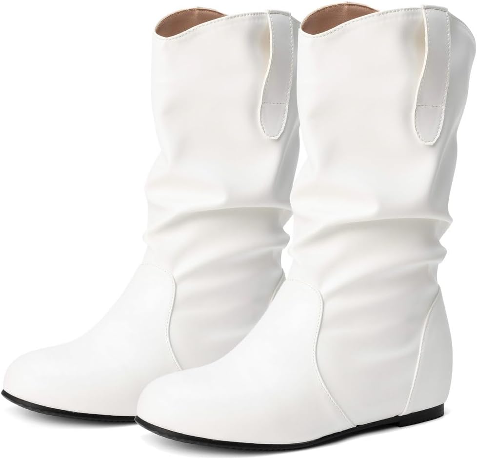 DINTAHA Mid Calf Slouch Cowgirl Cowboy Boots Flat Slouchy Booties Pull On Western Ankle Boots