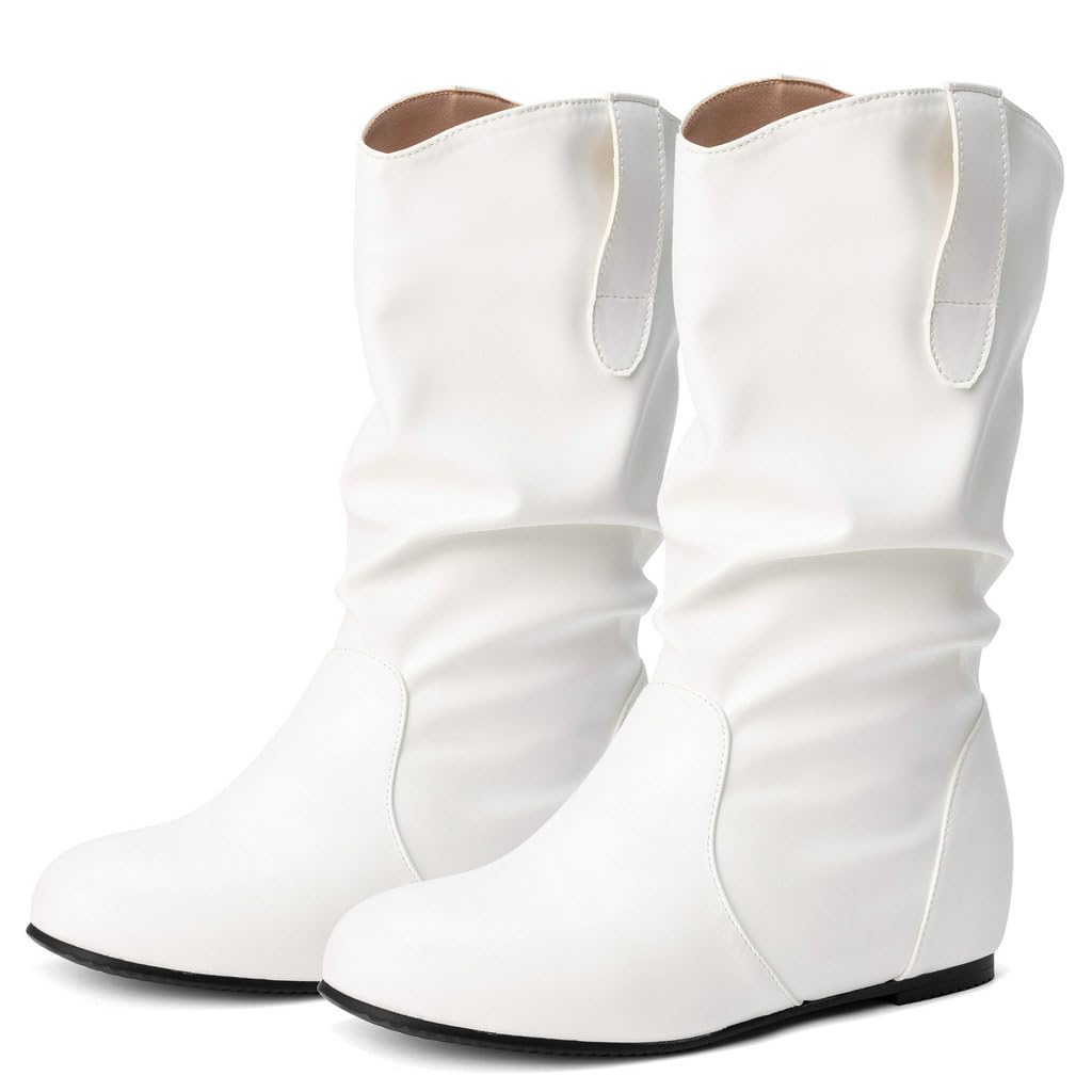 DINTAHA Mid Calf Slouch Cowgirl Cowboy Boots Flat Slouchy Booties Pull On Western Ankle Boots