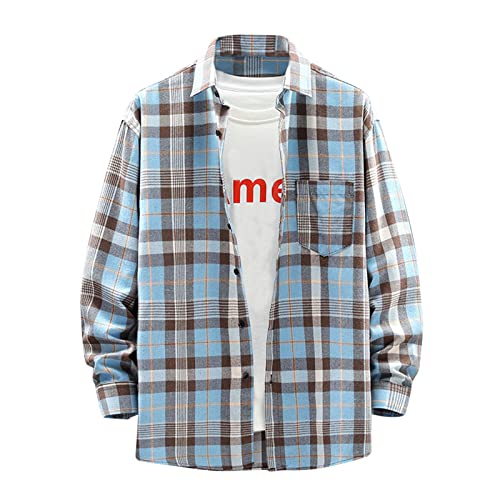 Flannel Shirt for Men 2024 Fashion Long Sleeve Plaid Button Down Shirt Jacket Casual Lightweight Sweatshirts Coats men's workout shirts Light Blue 3X