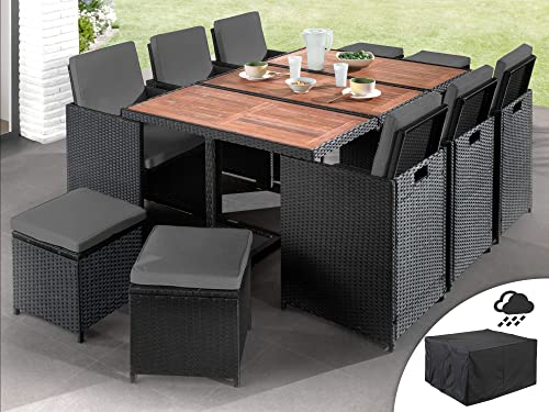 Best Mobilier - Salon de Jardin Encastrable Noir Cuba - en Résine Tressée à la Main - Plateau en Bois - avec Housse de Protection - Coussins Déhoussables Gris - 10 Places