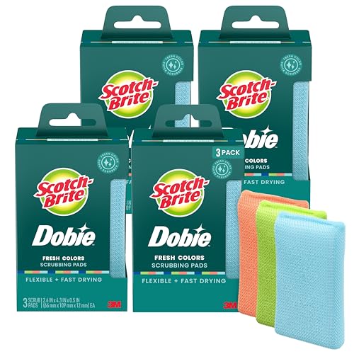 Scotch-Brite Dobie Non-Scratch All-Purpose Scrub Pads Original Cleaning Sponges for Kitchen & Bathroom Safe on Non-Stick Cookware Reusable (12 Pads 4 Packs of 3 Assorted Colors)