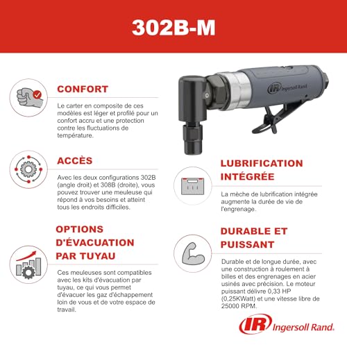 Ingersoll Rand 302B-M Meuleuse d'angle pneumatique, et léger pour le travail du métal et du bois, machine professionnelle de 0,25 kW et 20.000 tr/min – Image 5