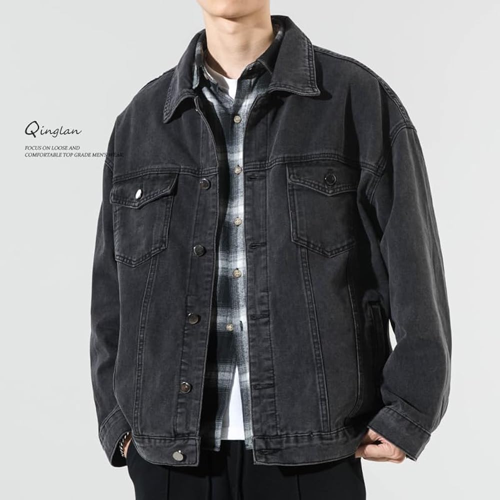 GYXHPTD Men's Loose Casual Plus Size Denim Jacket for Spring-Black