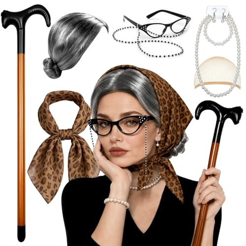 AgagaQx Deguisement Grand Mere avec 9 PCS, Perruque Mamie Grise avec Chignon, Perruque Grand Mere pour Déguisement Grand-Mère, Costume Vieille Femme, Déguisement Mamie Vieux Dame pour Carnaval