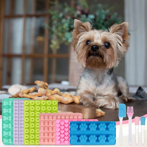 ZYNERY 6 Stück Gummibärchen Form Silikon mit Tropfpipette Backpinsel, Mini Backmatte Hundekekse Backform Herzen Donut Knochen Pfote Eiswürfelform für DIY Hundeleckerlies Bonbon zum Selber Machen