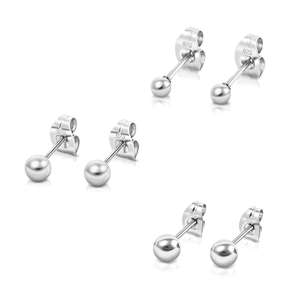 DTPsilver Pack de 3 Pendientes Bola Plata de Ley 925, Chapados Oro Rosa o Amarillo - Pendientes Bolitas Pequeñas - Pendientes Pequeños Mujer Bolas - Diámetro Bola 3, 4, 5 mm