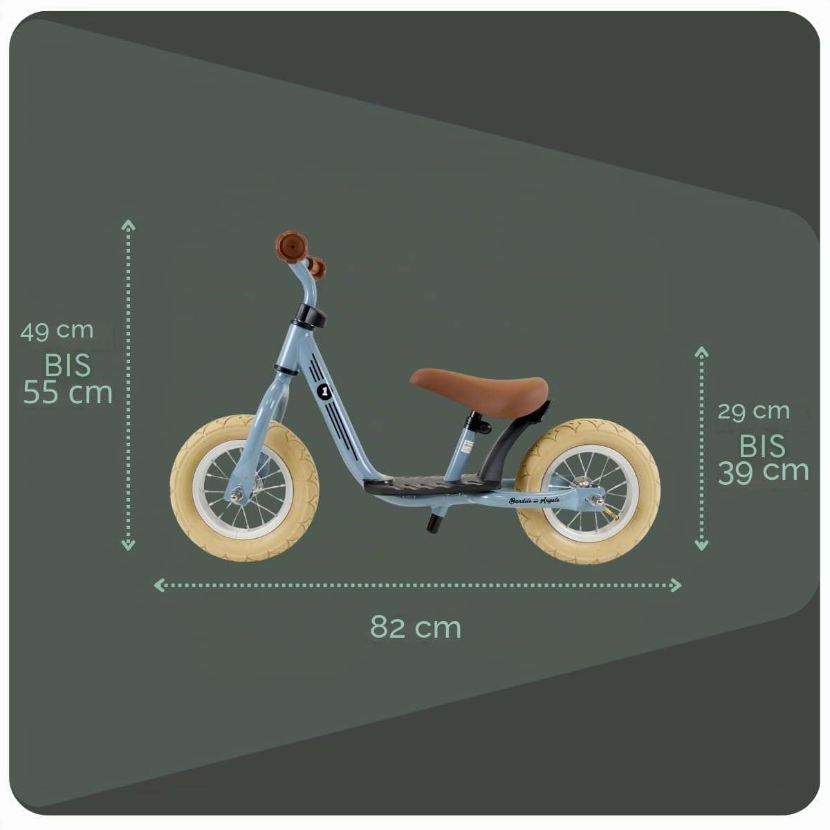 Bandits & Angels Metall-Laufrad Starter Retro mit Trittbrett ab 2 Jahren – grünes Laufrad – Verstellbarer Sattel 29 bis 39 cm – für Jungen und Mädchen – niedriger Einstieg mit Trittbrett