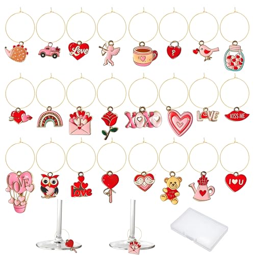 24pc Valentine's Day Wine Charms Valentines Wine Glass Charms or Stem Glasses Valentines Day Drink Markers for Valentine's Party Decorations (Pink Red)
