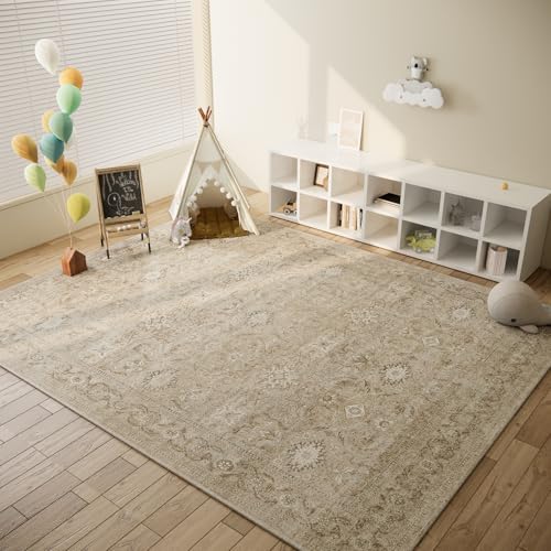 Washable Living Room Area Rugs: 8'x10' Large Rug Stain Resistant Distressed Vintage Boho Rug Non Slip Low Pile Faux Wool Soft Rug for Bedroom Bedside Kitchen Farmhouse Nursery Playroom Dining Room