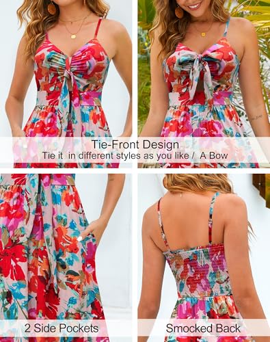 Image of Kranda Women 2026 Summer Sundress High Waist Tie Front Spaghetti Strap Long Beach Floral Tiered Maxi Dress with Pockets