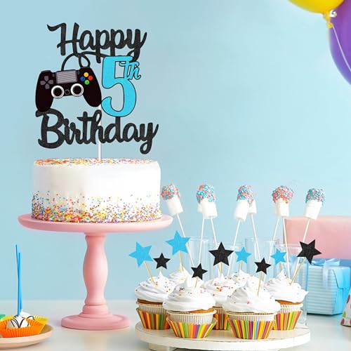 Joyeah Happy 5th Birthday Cake Topper Glitter Video Game Cake Pick Game On Cheers to 5 Years Cake Decoration for Game Theme Happy 5th Birthday Party Supplies Blue - Image 3