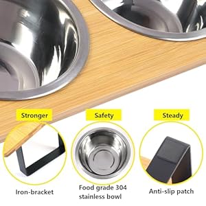 Stand-Up Tilted Bamboo table & Metal elevated dog bowls – 2 Stainless Steel Bowls for Food or Water Included, Elevated pet Feeder Perfect for Small Dogs, Cats, Medium pets