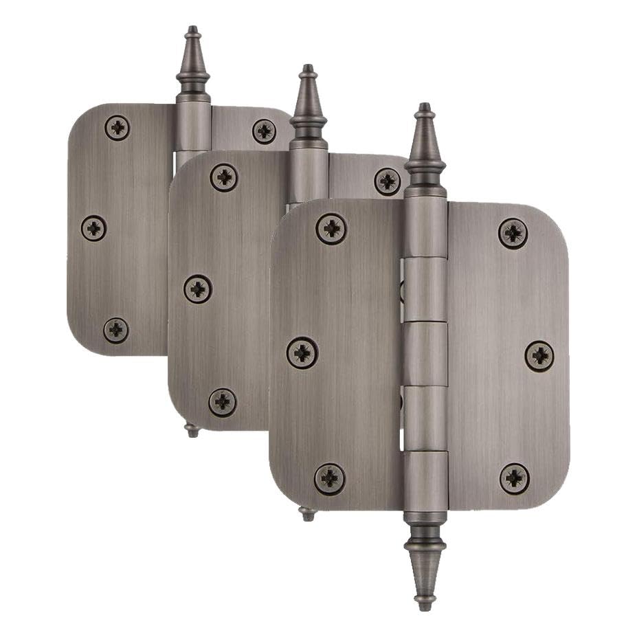 Image of Nostalgic Warehouse 746070 3.5 inch Steeple Tip Residential 5 /8 inch Radius Corners Door Hinge, Antique Pewter (Pack of 3)