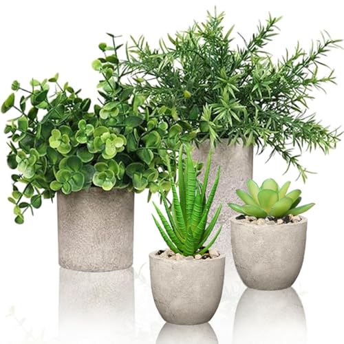 4 Set Artificial Plants Indoors in Pots Small Plastic Fake Plants Eucalyptus Rosemary Mini Succulents Faux Plant for Mothers Day Office Decor Desk Bedroom Bathroom Home Decoration Summer.