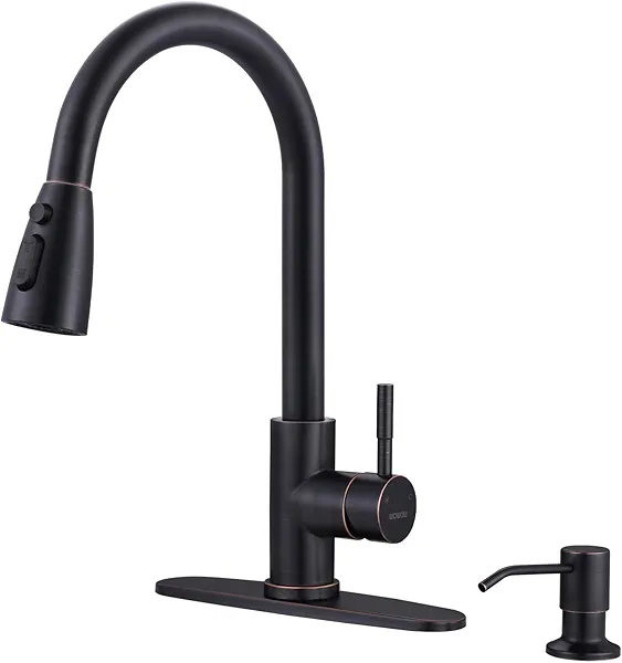 Oil-Rubbed Bronze Kitchen Faucet with Soap Dispenser, WOWOW Stainless Steel Kitchen Faucets for Sink, Pull Down Kitchen Faucet Single Handle High Arc Kitchen Sink Faucet with Deck-Plate Kitc