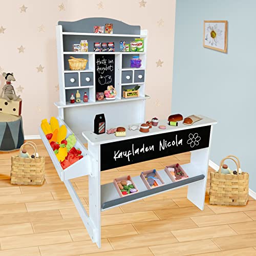 Coemo Kaufladen Nicola Kinder Kaufmannsladen aus Holz, Verkaufsstand Theke, Tafel, Seitentheke & Schublade Marktstand als tolles Geschenk, Grau – Bild 6